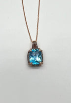 Swiss Blue Topaz Diamond Halo 14K Rose Gold Pendant Chain Necklace