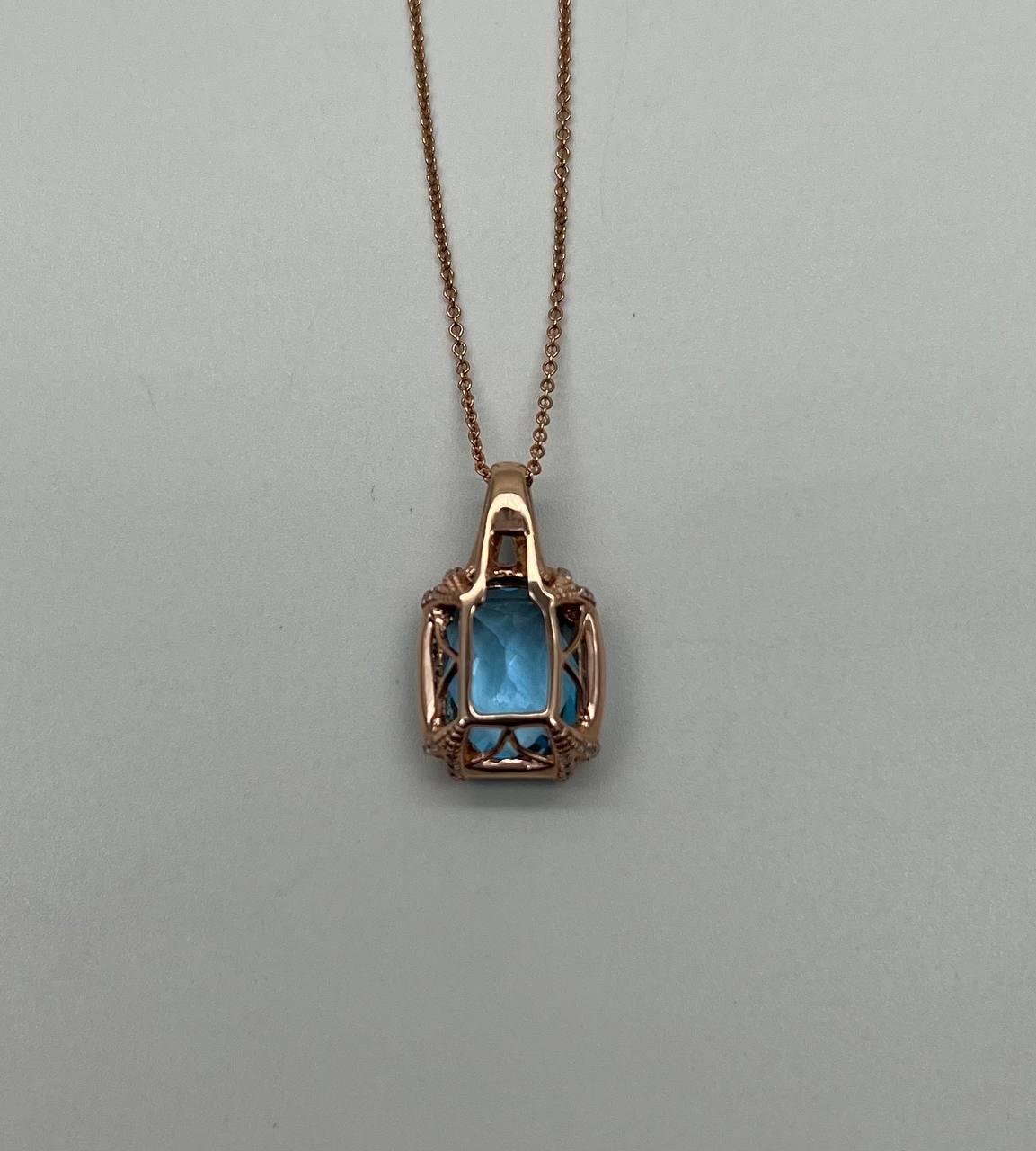 Cushion Shape Swiss Blue Topaz 14K Rose Gold Champagne Halo Pendant Necklace