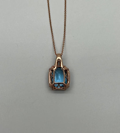 Cushion Shape Swiss Blue Topaz 14K Rose Gold Champagne Halo Pendant Necklace