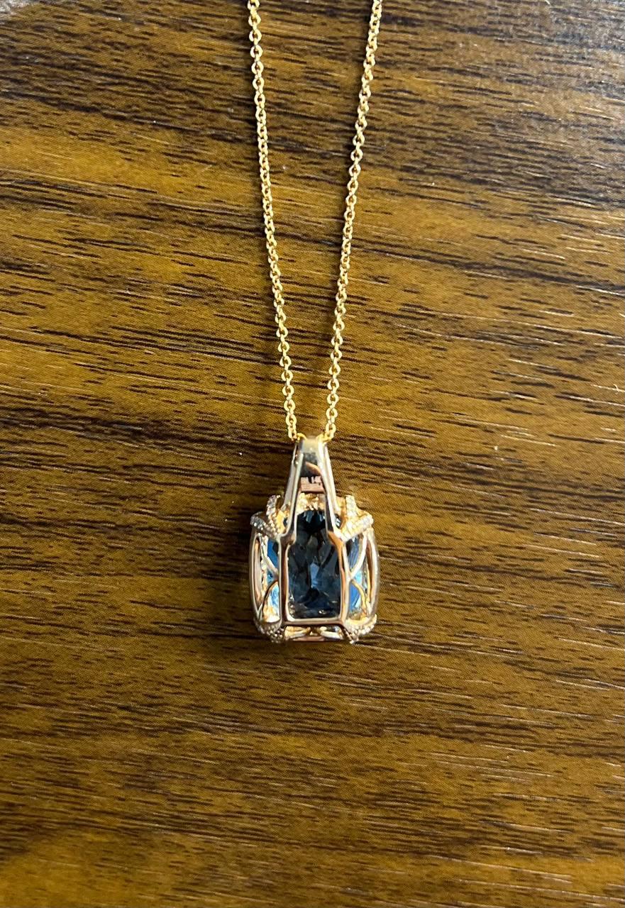 Cushion Shape Swiss Blue Topaz 14K Rose Gold Champagne Halo Pendant Necklace