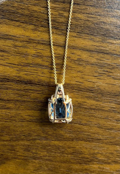 Cushion Shape Swiss Blue Topaz 14K Rose Gold Champagne Halo Pendant Necklace