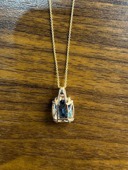 Cushion Shape Swiss Blue Topaz 14K Rose Gold Champagne Halo Pendant Necklace