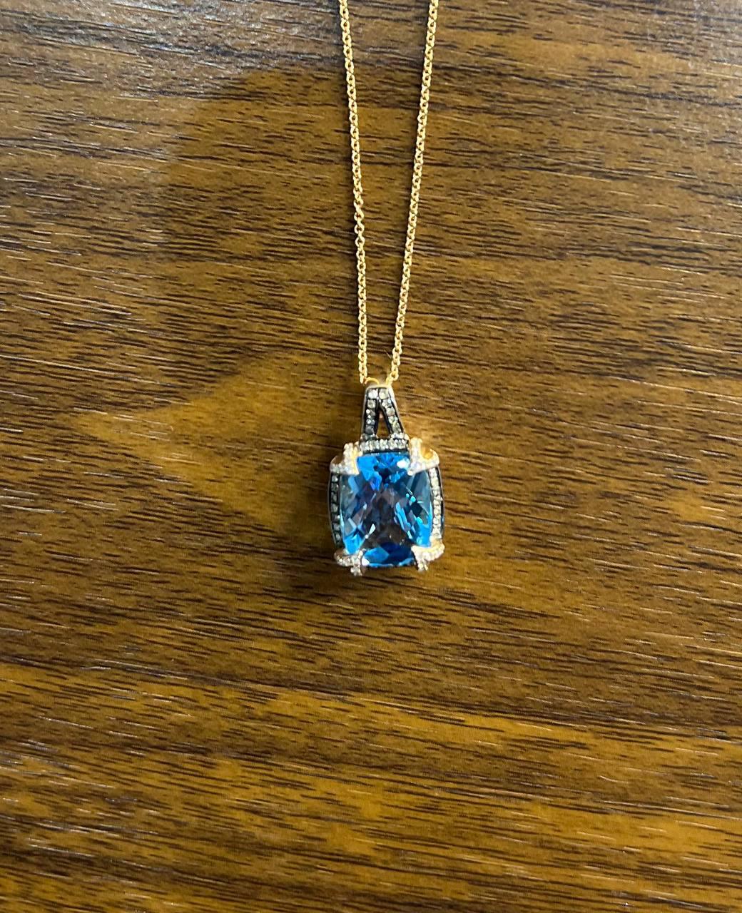 Swiss Blue Topaz Diamond Halo 14K Rose Gold Pendant Chain Necklace