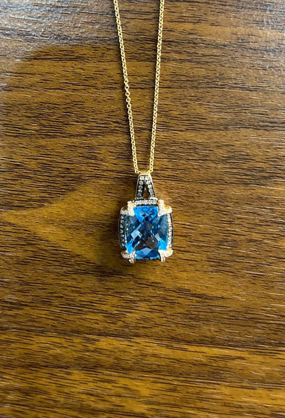 Cushion Shape Swiss Blue Topaz 14K Rose Gold Champagne Halo Pendant Necklace