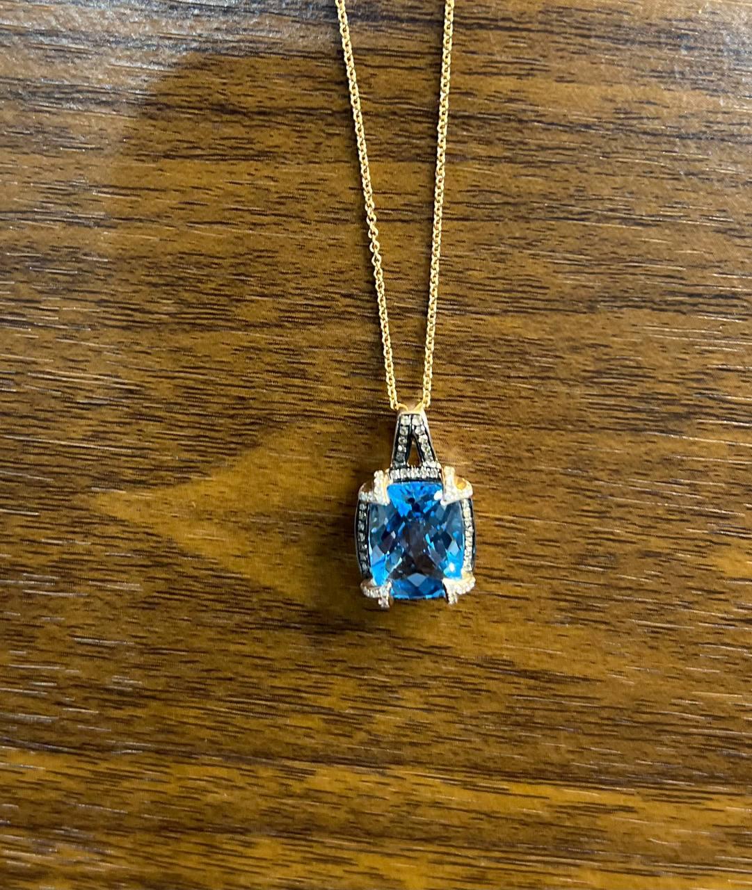Cushion Shape Swiss Blue Topaz 14K Rose Gold Champagne Halo Pendant Necklace