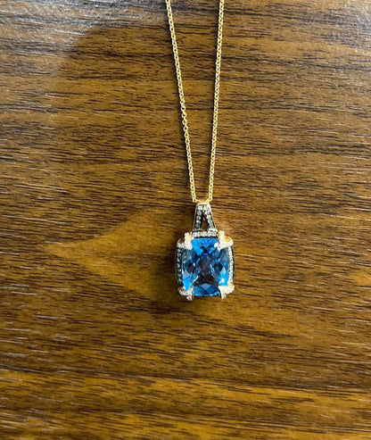 Cushion Shape Swiss Blue Topaz 14K Rose Gold Champagne Halo Pendant Necklace