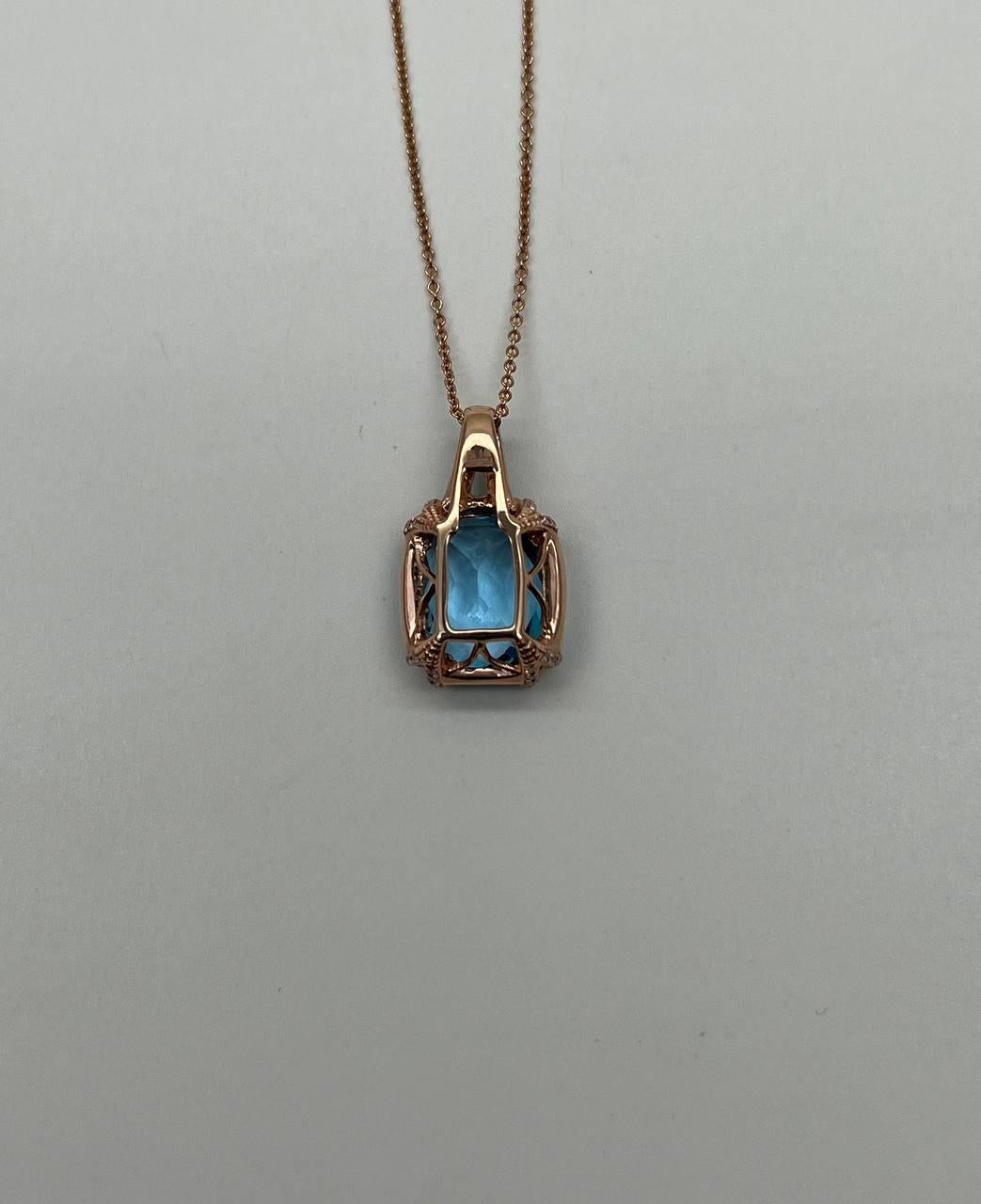 Cushion Shape Swiss Blue Topaz 14K Rose Gold Champagne Halo Pendant Necklace