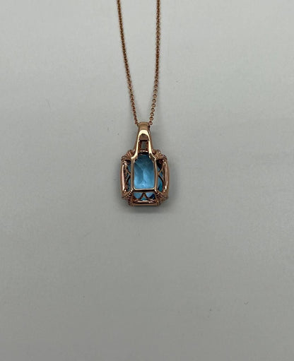 Cushion Shape Swiss Blue Topaz 14K Rose Gold Champagne Halo Pendant Necklace