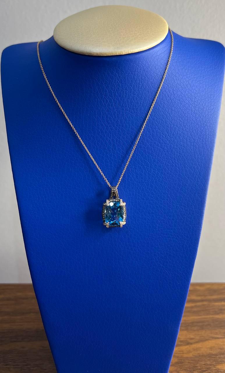 Cushion Shape Swiss Blue Topaz 14K Rose Gold Champagne Halo Pendant Necklace