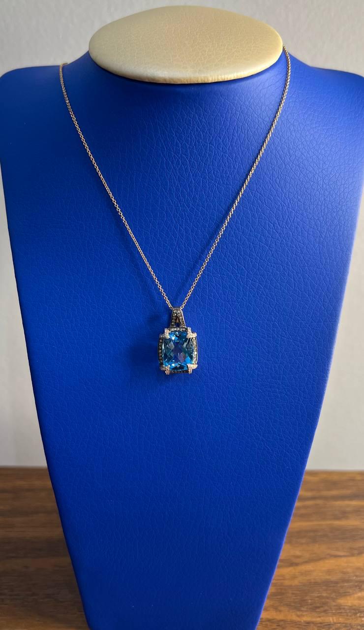Cushion Shape Swiss Blue Topaz 14K Rose Gold Champagne Halo Pendant Necklace
