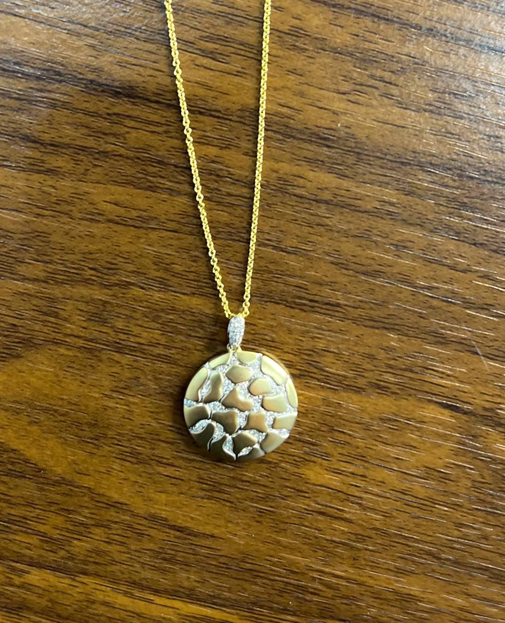 Hammered Diamonds Pave Set Earth Rock 14K Yellow Gold Pendant Medallion Necklace