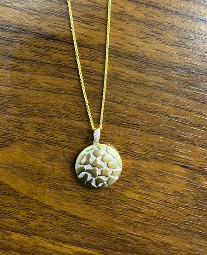 Hammered Diamonds Pave Set Earth Rock 14K Yellow Gold Pendant Medallion Necklace