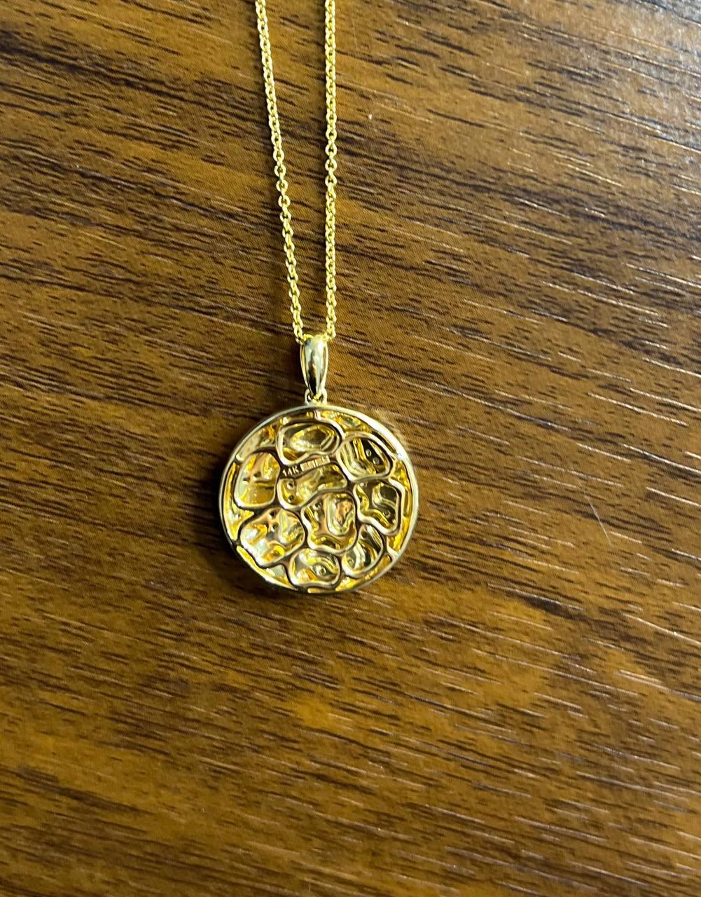 Hammered Diamonds Pave Set Earth Rock 14K Yellow Gold Pendant Medallion Necklace