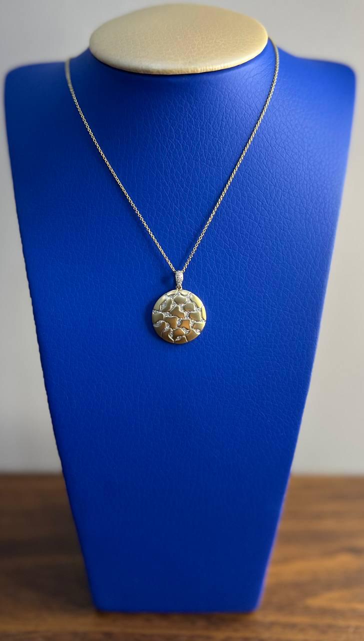 Hammered Diamonds Pave Set Earth Rock 14K Yellow Gold Pendant Medallion Necklace