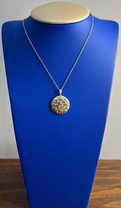Hammered Diamonds Pave Set Earth Rock 14K Yellow Gold Pendant Medallion Necklace
