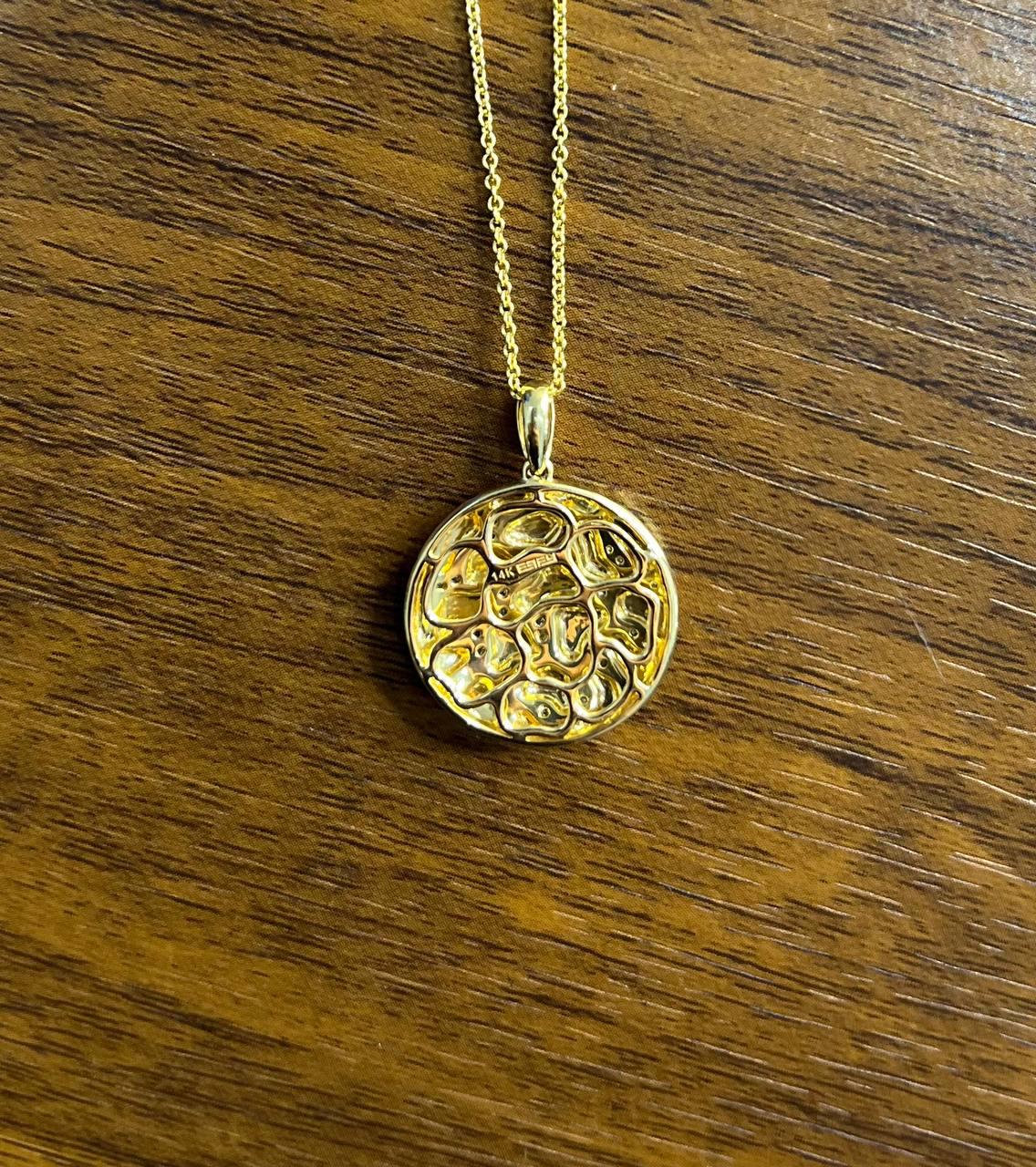 Hammered Diamonds Pave Set Earth Rock 14K Yellow Gold Pendant Medallion Necklace