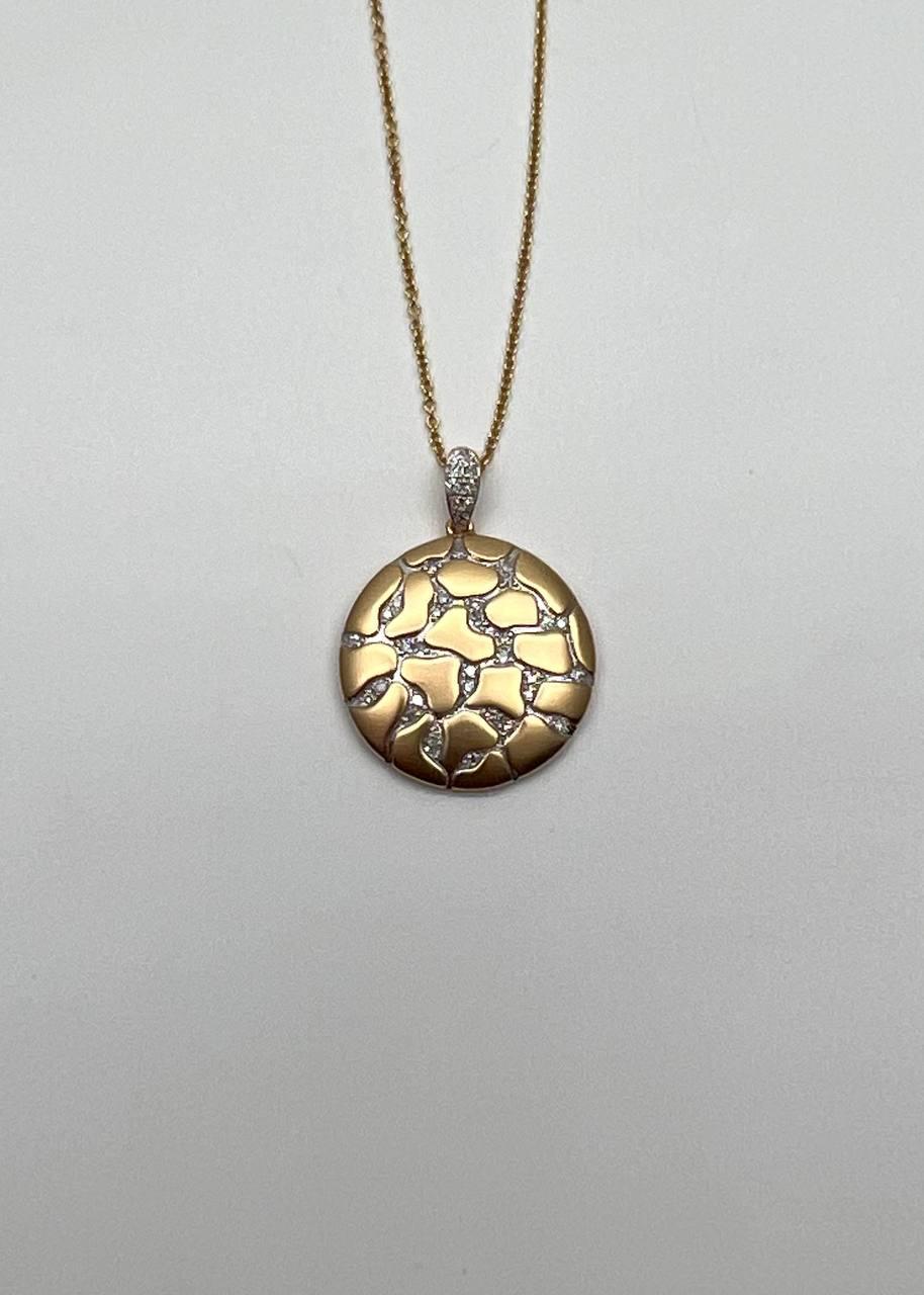 Hammered Diamonds Pave Set Earth Rock 14K Yellow Gold Pendant Medallion Necklace