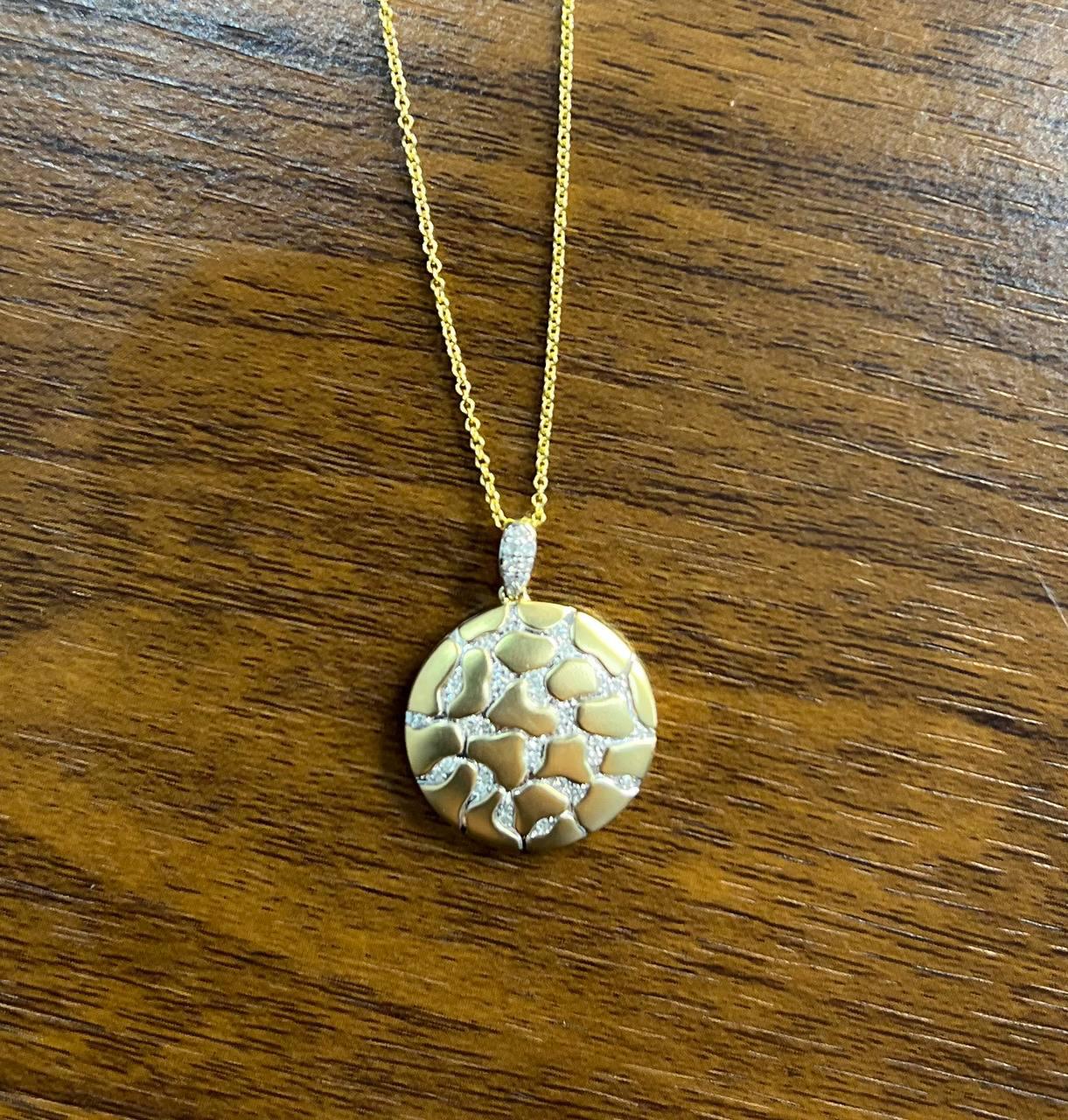Hammered Diamonds Pave Set Earth Rock 14K Yellow Gold Pendant Medallion Necklace