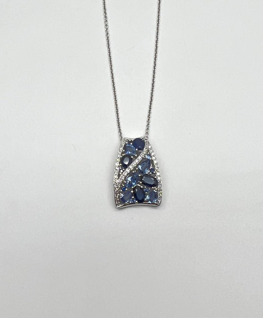 Dark Light Hue Blue Sapphire Cluster Diamonds Pave White Gold Pendant Necklace