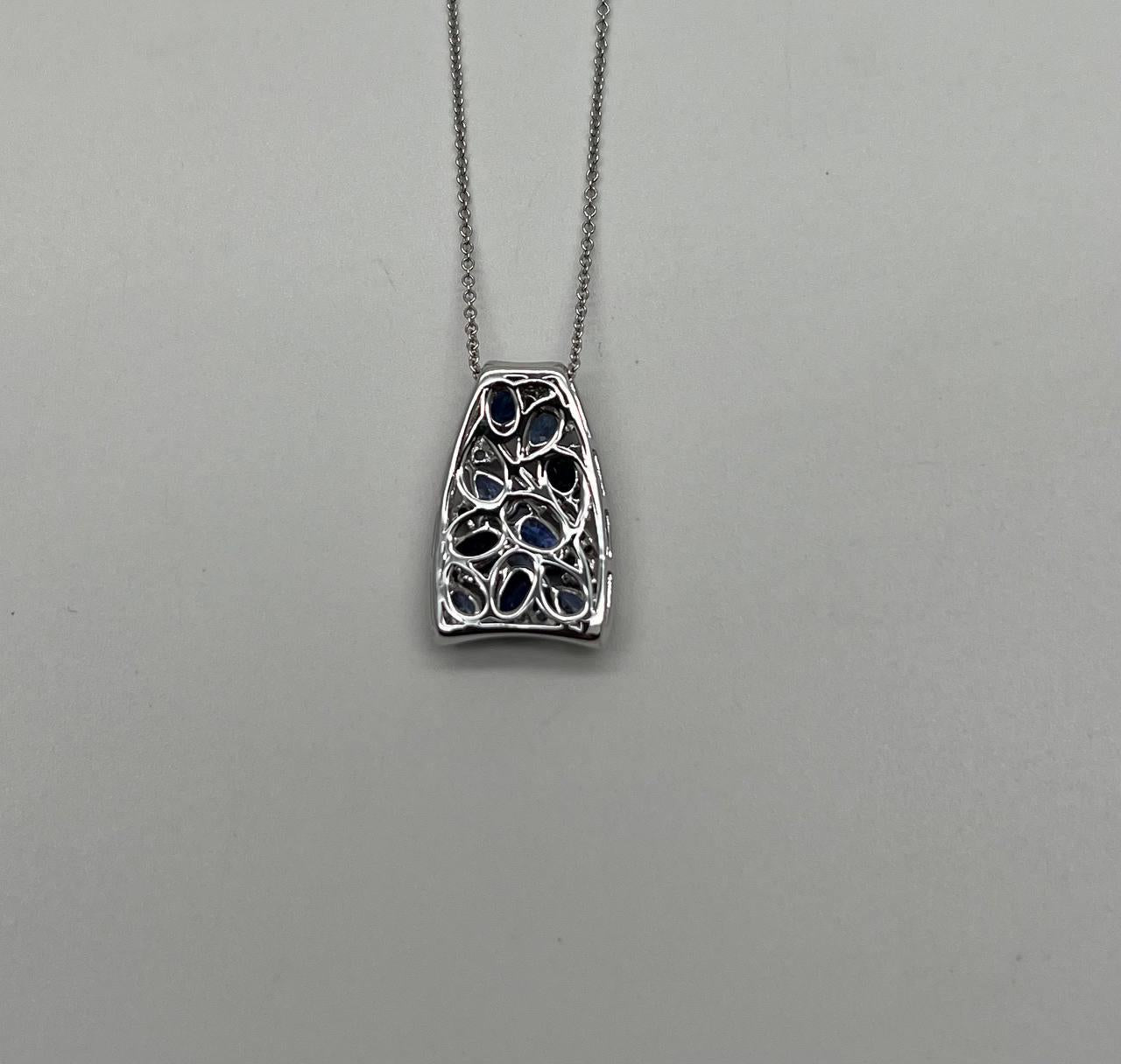 Dark Light Hue Blue Sapphire Cluster Diamonds Pave White Gold Pendant Necklace