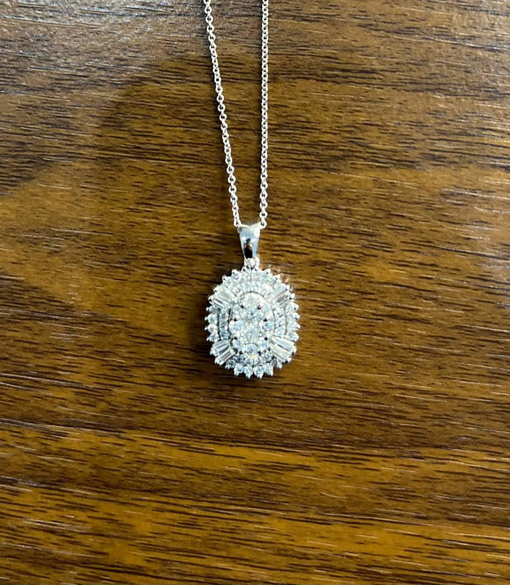 Diamond Oval Cluster Halo Pave Set Baguette Shape White Gold Pendant Necklace