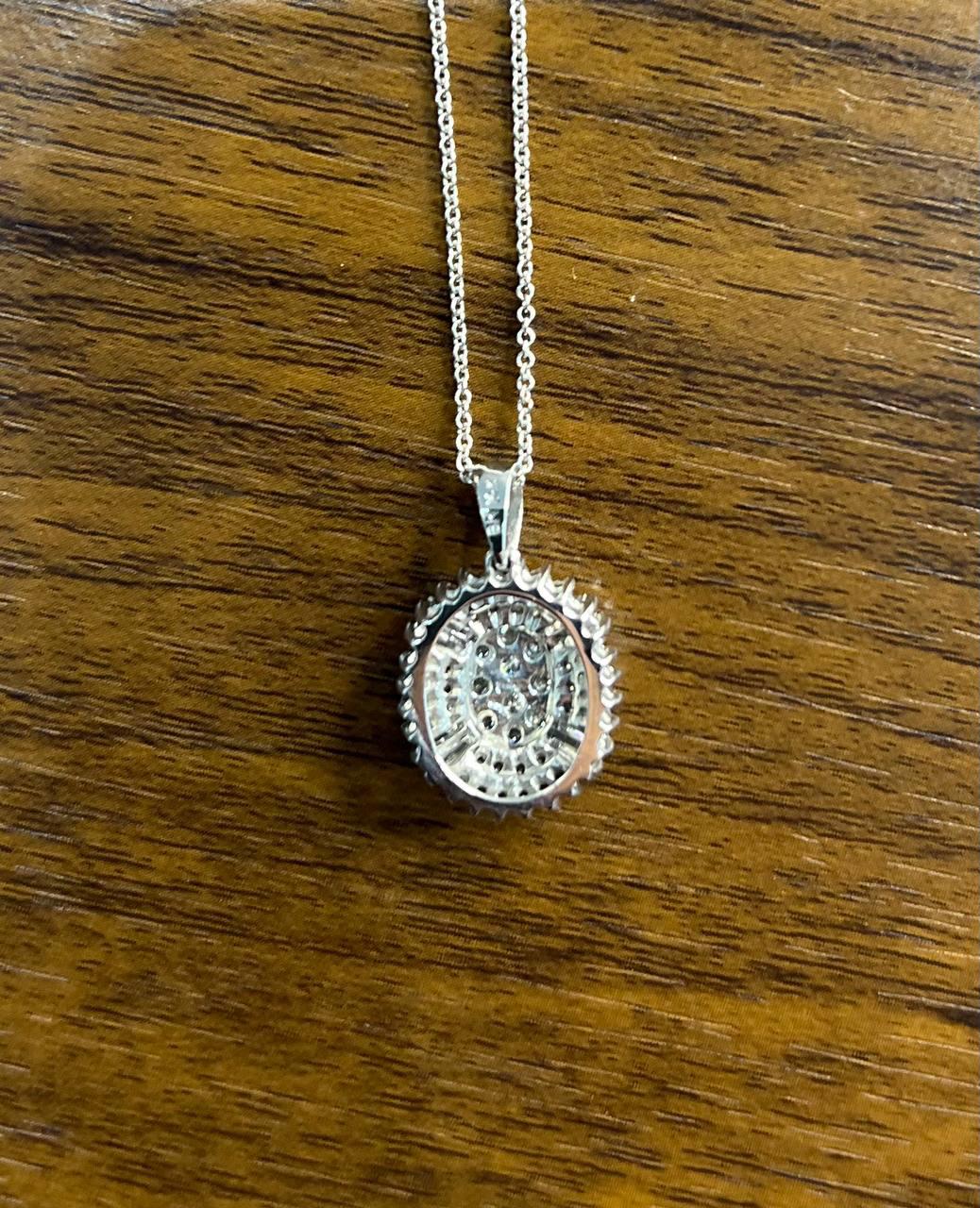 Diamond Oval Cluster Halo Pave Set Baguette Shape White Gold Pendant Necklace