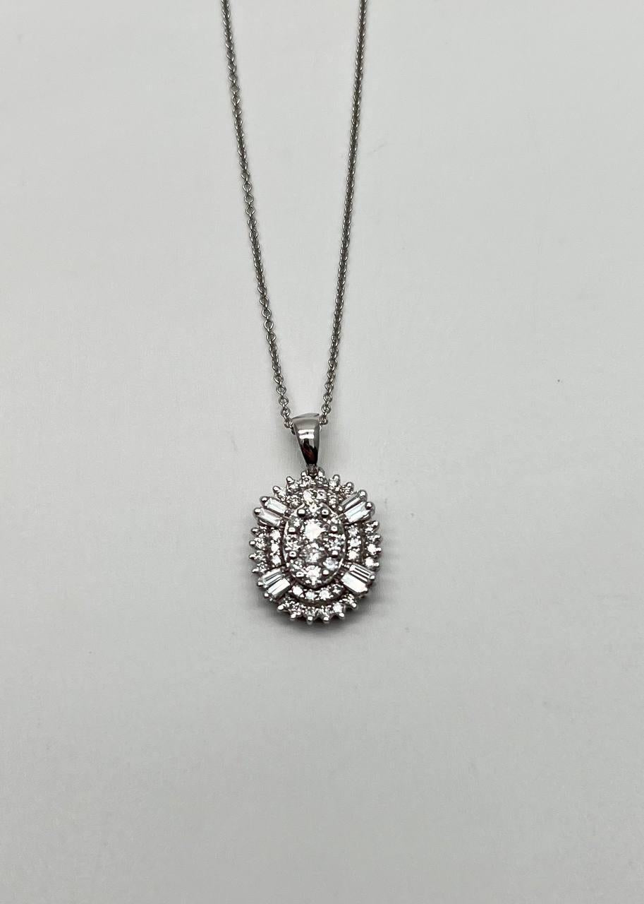 Diamond Oval Cluster Halo Pave Set Baguette Shape White Gold Pendant Necklace
