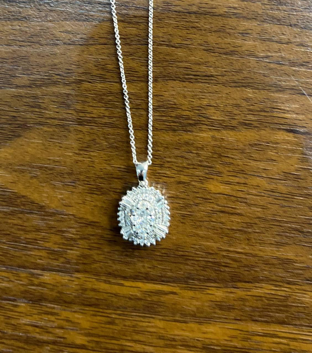 Diamond Oval Cluster Halo Pave Set Baguette Shape White Gold Pendant Necklace