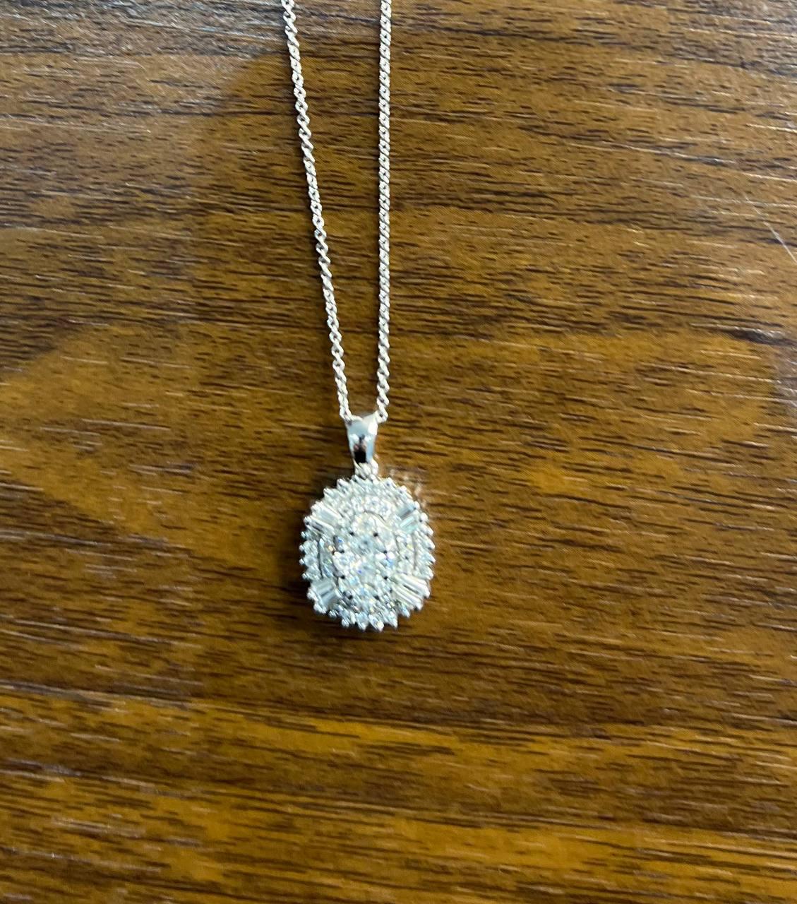 Diamond Oval Cluster Halo Pave Set Baguette Shape White Gold Pendant Necklace