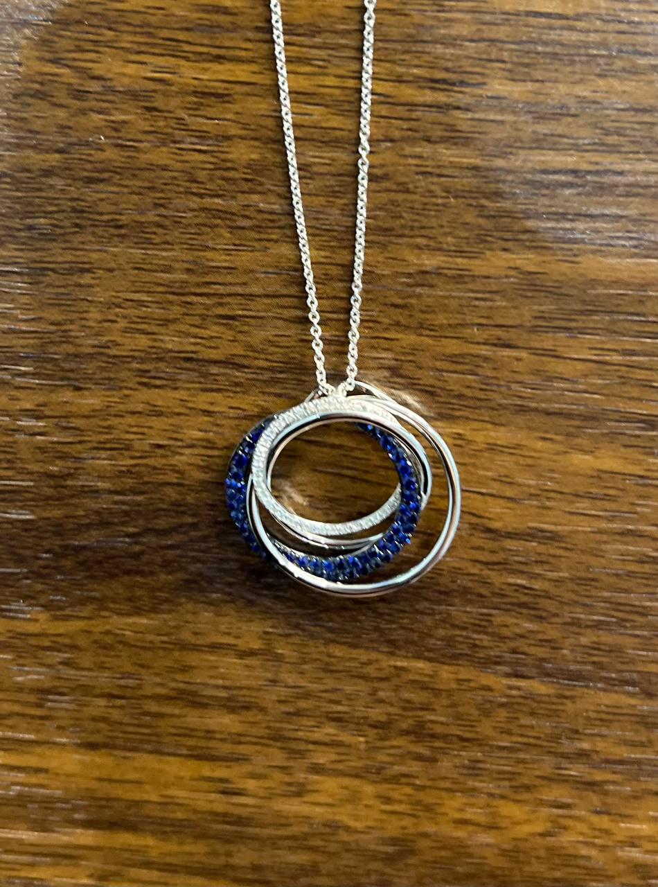 Trinity Blue Sapphires Diamonds Circle Interlocking Rings White Pendant Necklace
