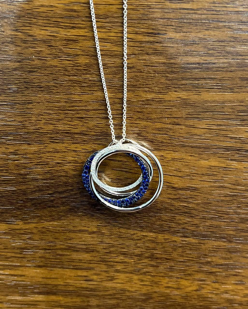 Trinity Blue Sapphires Diamonds Circle Interlocking Rings White Pendant Necklace