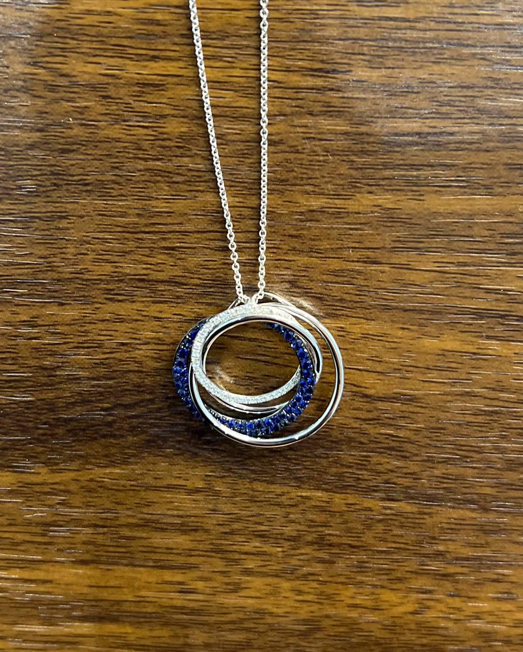 Trinity Blue Sapphires Diamonds Circle Interlocking Rings White Pendant Necklace