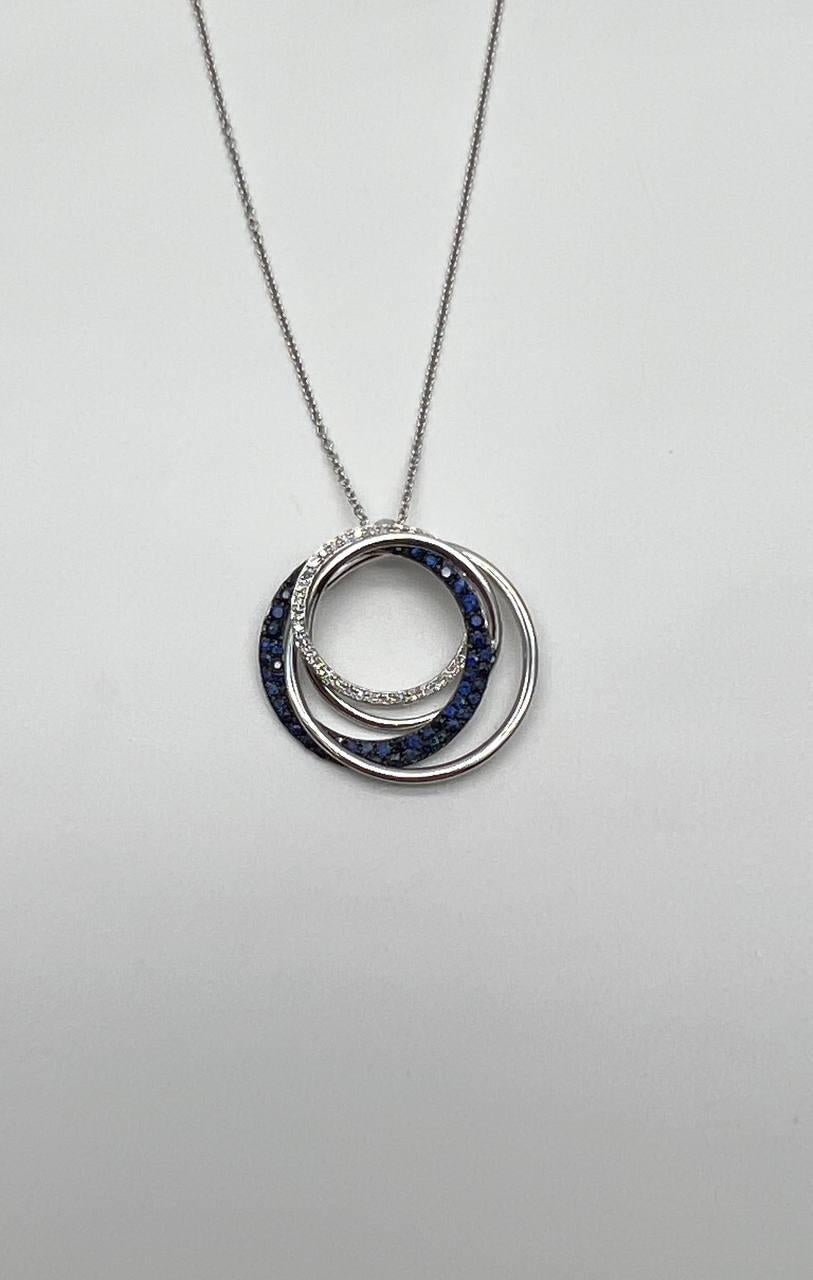 Trinity Blue Sapphires Diamonds Circle Interlocking Rings White Pendant Necklace