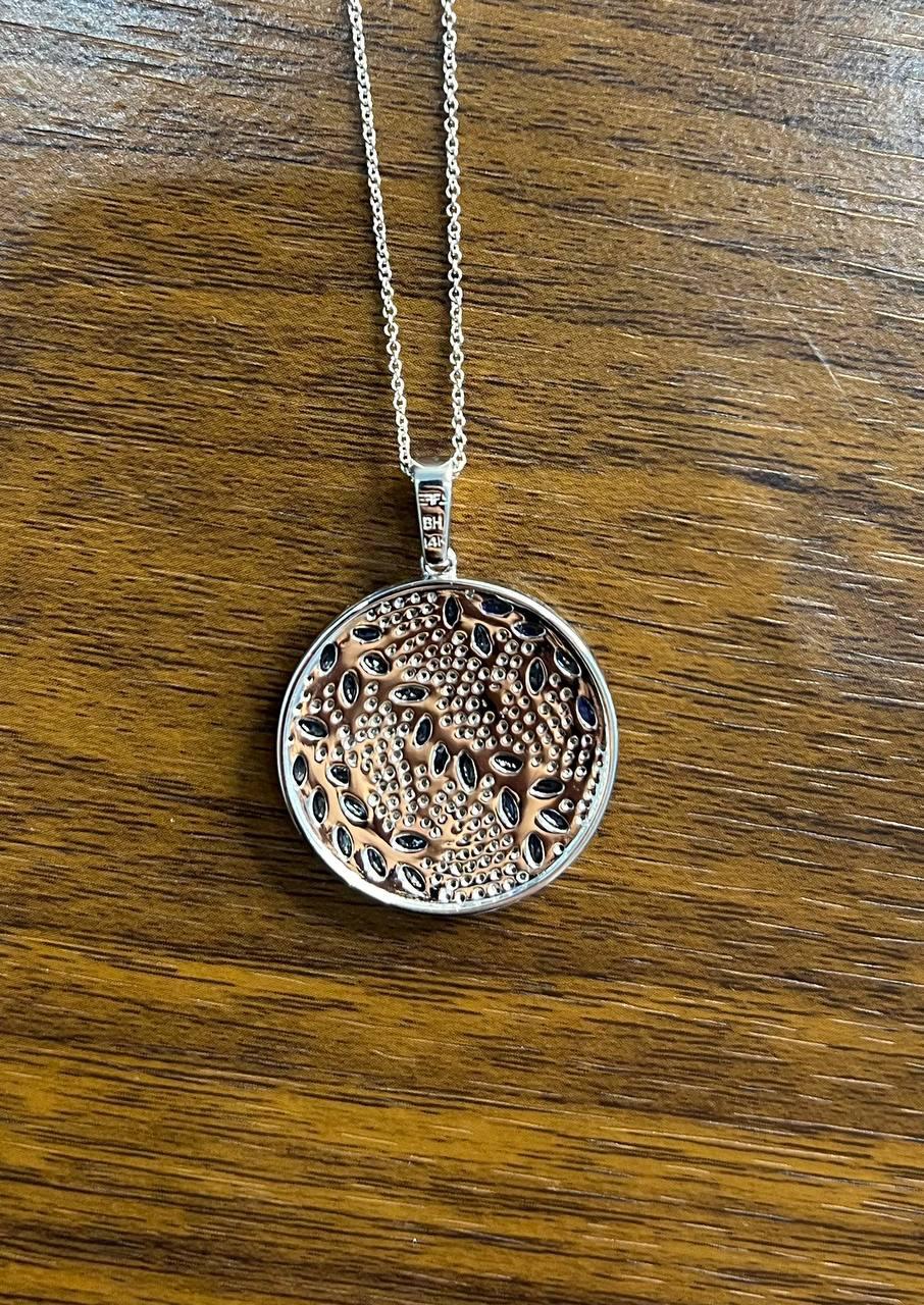 Blue Sapphire Marquise Shape Diamond Pave White Gold Pendant Medallion Necklace
