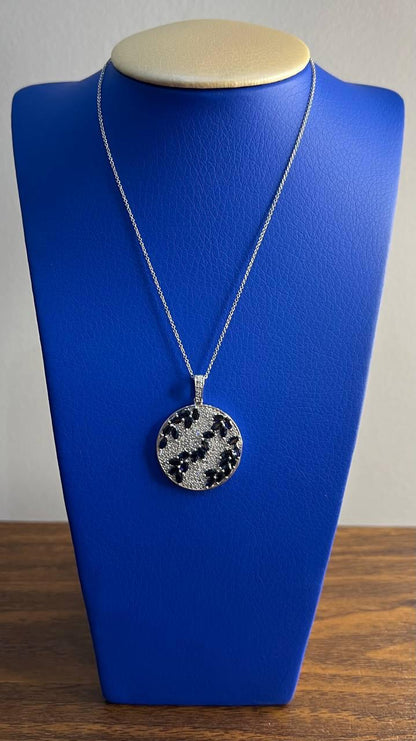 Blue Sapphire Marquise Shape Diamond Pave White Gold Pendant Medallion Necklace