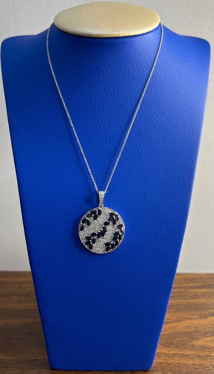 Blue Sapphire Marquise Shape Diamond Pave White Gold Pendant Medallion Necklace