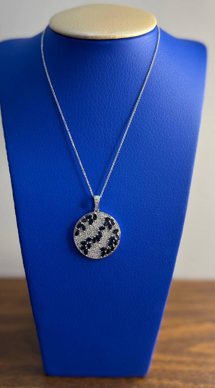 Blue Sapphire Marquise Shape Diamond Pave White Gold Pendant Medallion Necklace