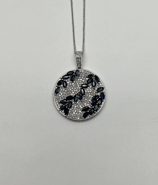 Blue Sapphire Marquise Shape Diamond Pave White Gold Pendant Medallion Necklace