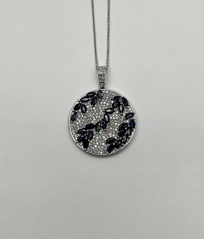 Blue Sapphire Marquise Shape Diamond Pave White Gold Pendant Medallion Necklace