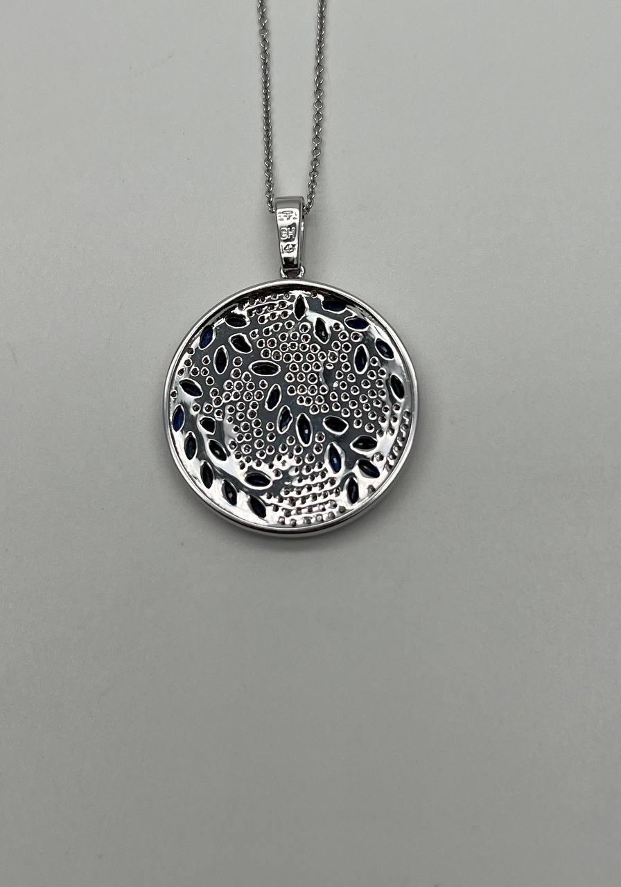 Blue Sapphire Marquise Shape Diamond Pave White Gold Pendant Medallion Necklace