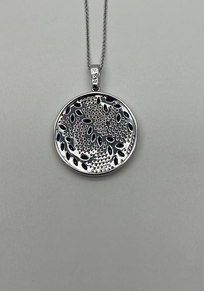 Blue Sapphire Marquise Shape Diamond Pave White Gold Pendant Medallion Necklace