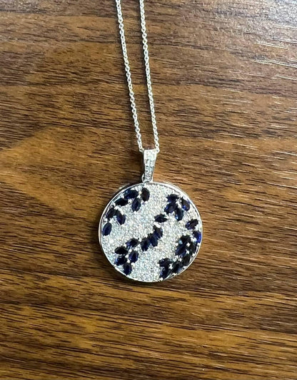 Blue Sapphire Marquise Shape Diamond Pave White Gold Pendant Medallion Necklace