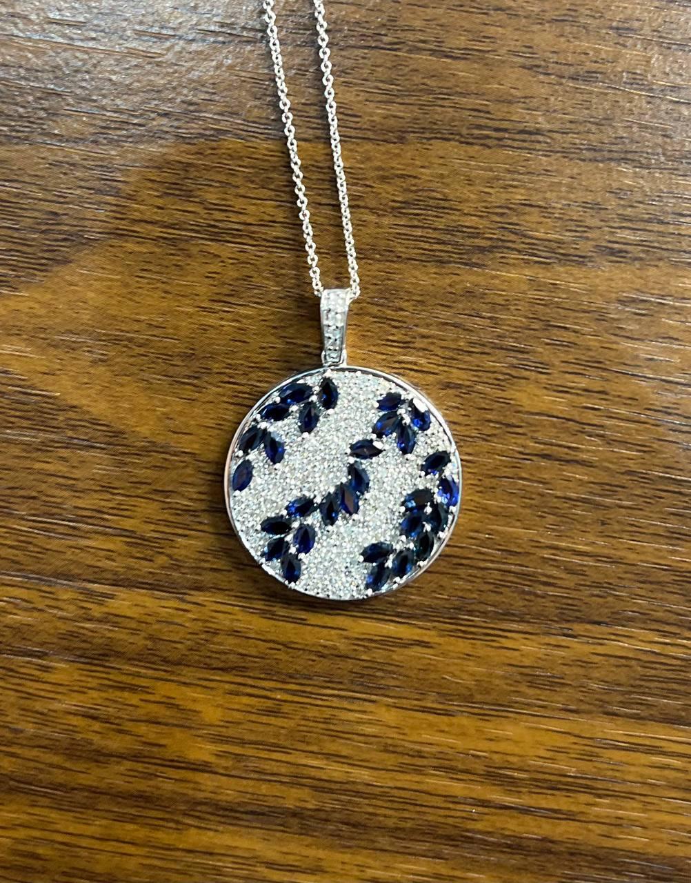 Blue Sapphire Marquise Shape Diamond Pave White Gold Pendant Medallion Necklace