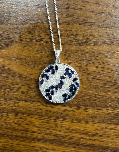 Blue Sapphire Marquise Shape Diamond Pave White Gold Pendant Medallion Necklace