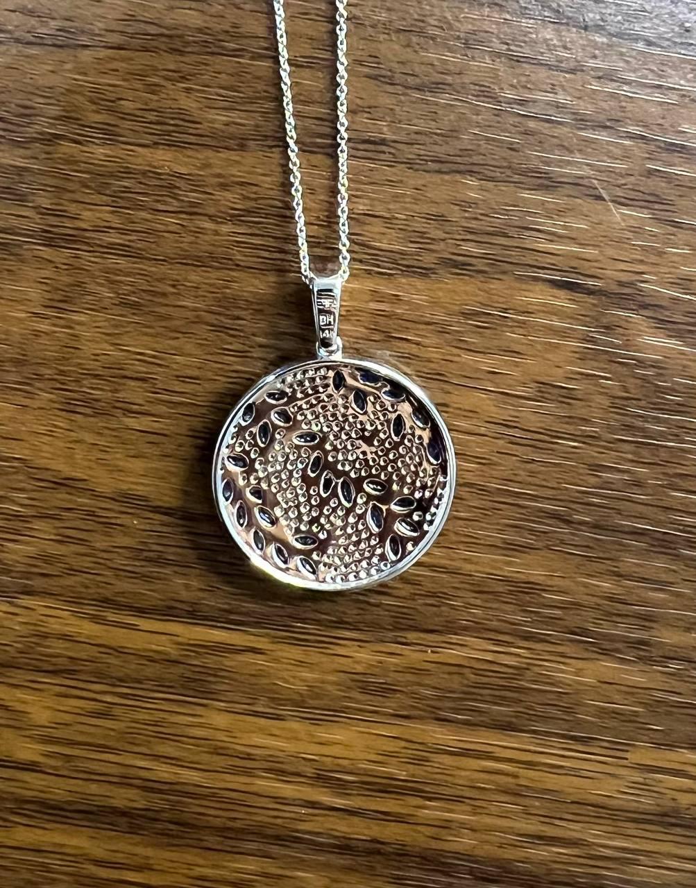 Blue Sapphire Marquise Shape Diamond Pave White Gold Pendant Medallion Necklace
