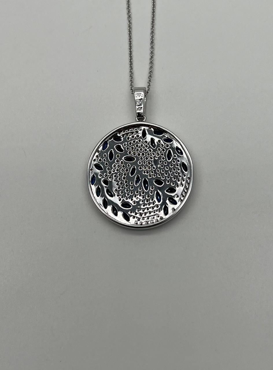 Blue Sapphire Marquise Shape Diamond Pave White Gold Pendant Medallion Necklace