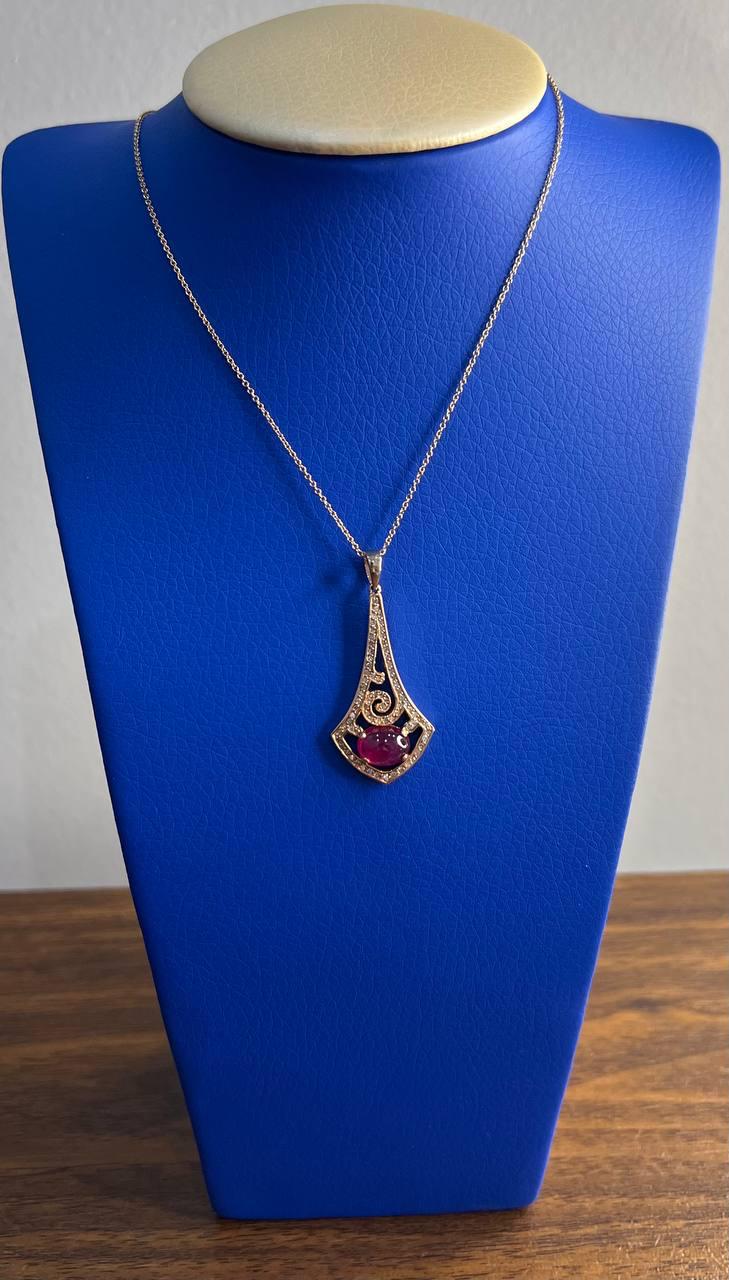 Oval Shape Red Pink Ruby Cabochon 14K White Gold Statement Pendant Necklace