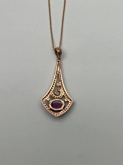 Oval Shape Red Pink Ruby Cabochon 14K White Gold Statement Pendant Necklace