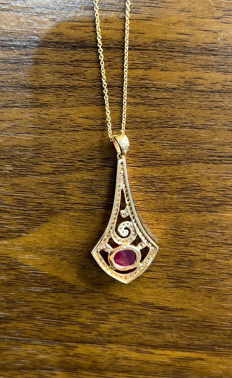 Oval Shape Red Pink Ruby Cabochon 14K White Gold Statement Pendant Necklace