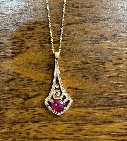 Oval Shape Red Pink Ruby Cabochon 14K White Gold Statement Pendant Necklace